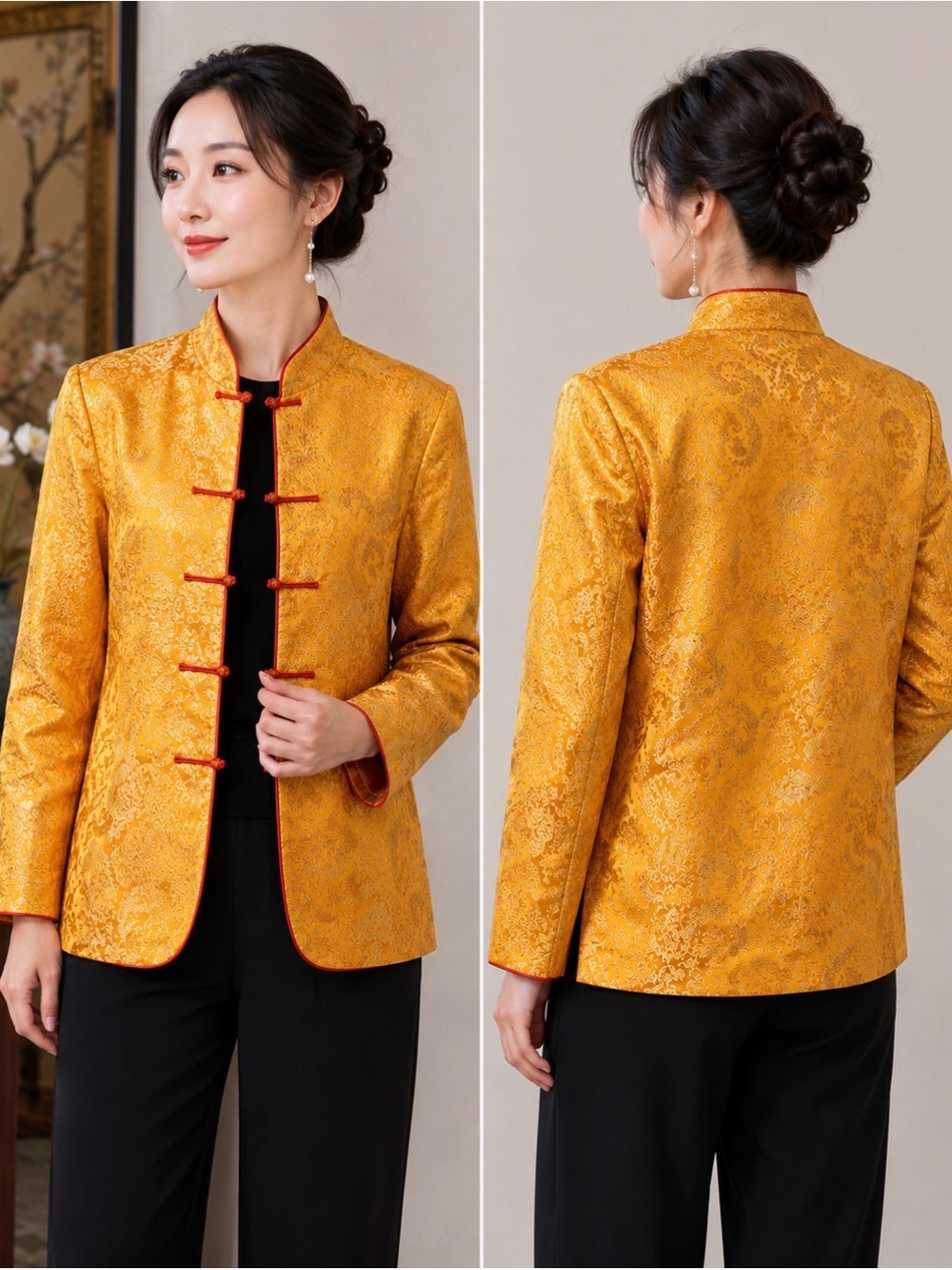 Reversible Gold Brocade Chinese Tang Jacket Mandarin Collar Traditional Asian